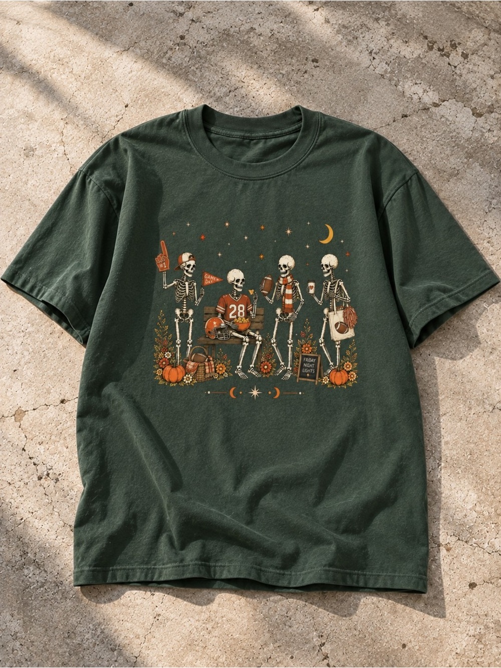 Skeleton Football Game Day Graphic T-Shirt Military Green Unisex